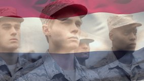 Animation of flag of netherlands over diverse soldiers. National patriotism, armed forces and defence concept digitally generated video. - Powered by Shutterstock - Get 15% off with code: PIKWIZARD15