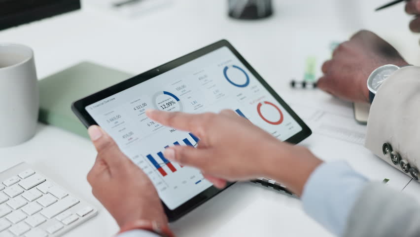 Stats meeting, screen and hands with a tablet for finance management, growth or research. Talking, team and accounting employees with technology for a strategy, analytics or working on data - Powered by Shutterstock - Get 15% off with code: PIKWIZARD15