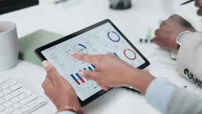 Stats meeting, screen and hands with a tablet for finance management, growth or research. Talking, team and accounting employees with technology for a strategy, analytics or working on data - Powered by Shutterstock - Get 15% off with code: PIKWIZARD15