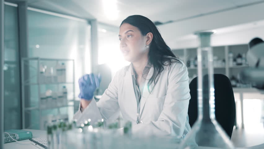 Tired, science and bored with woman in laboratory for research, planning and analysis. Medical, healthcare and brainstorming with scientist thinking at night for fatigue, frustrated and burnout Royalty-Free Stock Footage #1107505143
