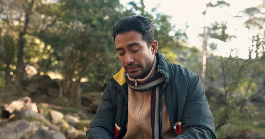 Hiking, fitness and asian man with headache, stress or dehydration in a forest with vertigo crisis. Hiker, accident and Japanese backpacker with migraine, dizzy or brain fog in a jungle with problem Royalty-Free Stock Footage #1107505405