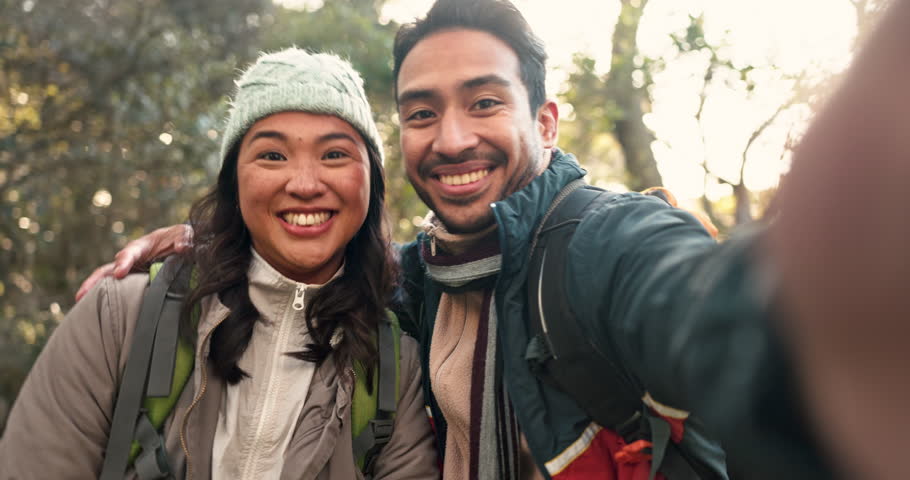 Engagement, selfie and couple with ring on hand for social media, profile picture or happy outdoor proposal on hiking adventure. Portrait, man and woman smile with diamond, jewelry and love together