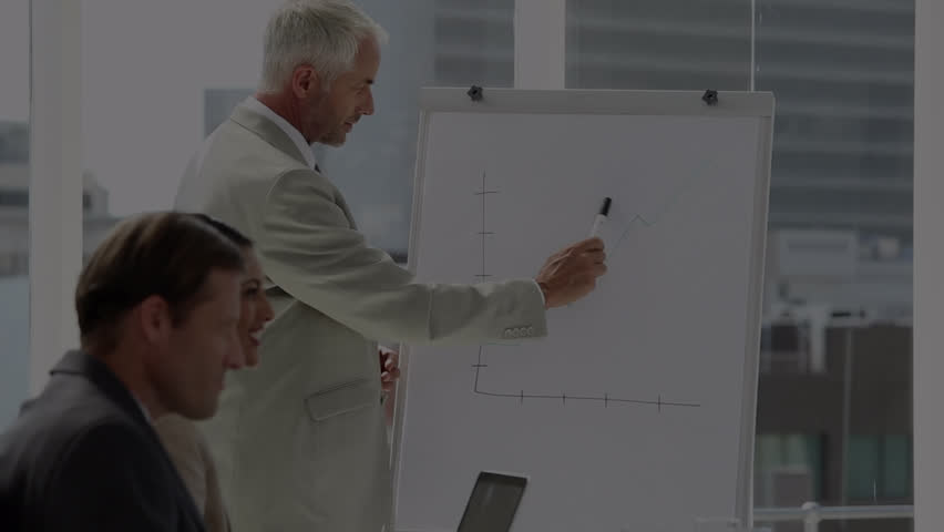 Animation of stock market data processing against caucasian senior businesman giving a presentation. Global economy and business data technology concept