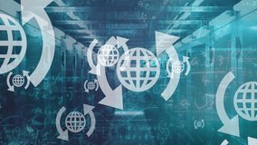 Animation of globe icons, mathematical equation and diagrams over server room. Digital composite, multiple exposure, globalization, education, data center, networking and technology concept. - Powered by Shutterstock - Get 15% off with code: PIKWIZARD15