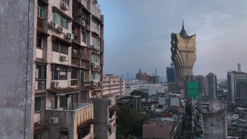 Old Residential Buildings On The Background Of Modern Macau, China, Aerial Panorama