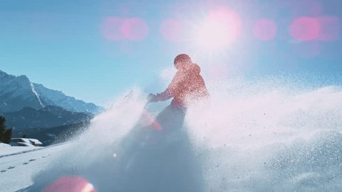 Super Slow Motion of Free Ride Skier in Powder Snow. Filmed on High Speed Cinema Camera, 1000fps. Speed Ramp Effect. 스톡 비디오