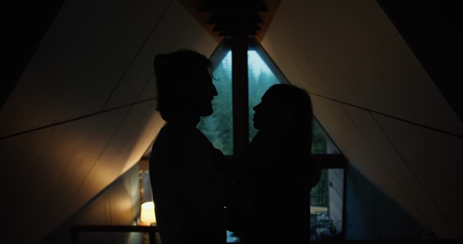 Happy silhouettes in a house with a triangular roof, a guy and a girl are hugging and standing close to each other in a dark room