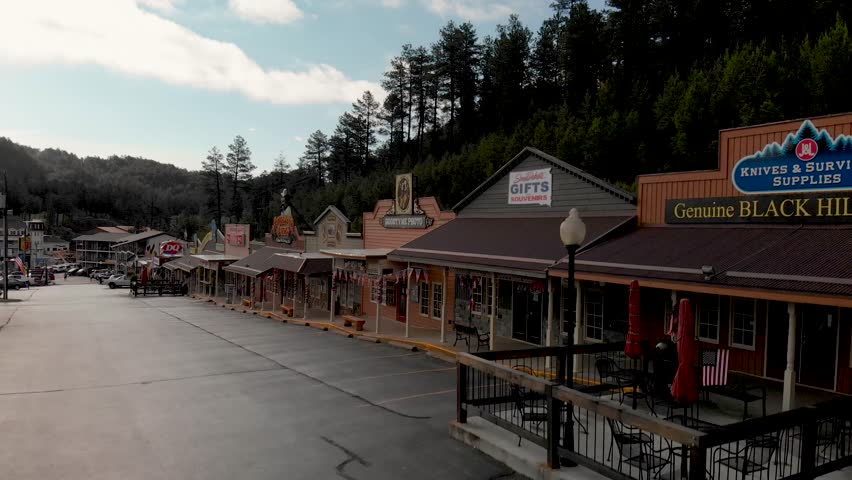 Panoramic sunset aerial view of Keystone and South Dakota countryside, near Mount Rushmore