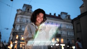 Beautiful Smiling Woman Using Phone on a City Street at Night. Visualization of Social Media, Chatting, Texting, Messaging App Icons. Social Networking Service - Powered by Shutterstock - Get 15% off with code: PIKWIZARD15