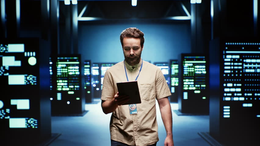Engineer in high tech facility delivering immense computing power, capable of processing and storing vast amounts of data. Technician walking between server racks rows controlling network resources Royalty-Free Stock Footage #1107526677