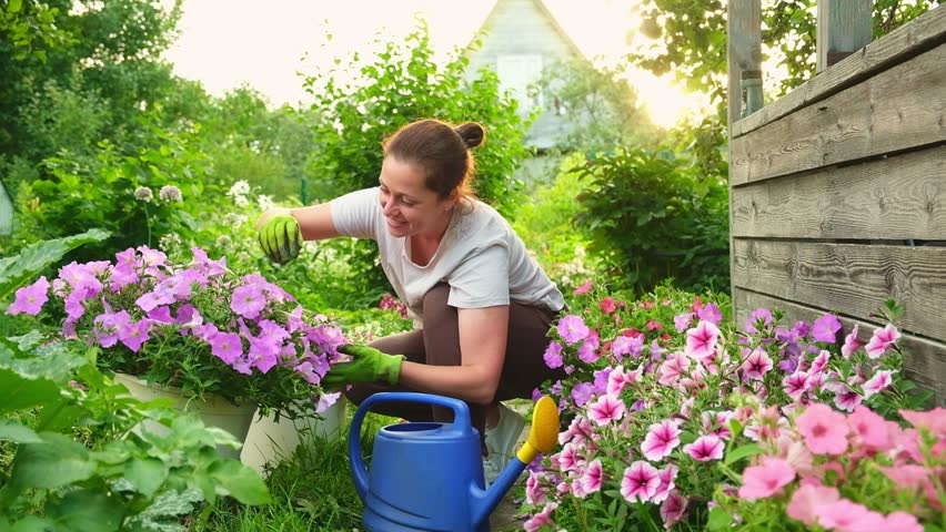 Gardening and agriculture concept. Young woman farm worker gardening flowers in garden. Gardener planting flowers for bouquet. Summer gardening work. Girl gardening at home in backyard Royalty-Free Stock Footage #1107527767
