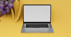 White screen laptop with gym fitness diet theme, there is a barbell that falls and there is a wall clock and fruit fruit nutritious healthy food yellow background