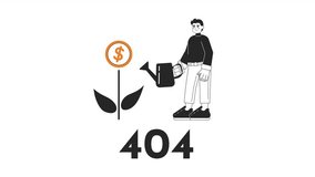 Business investment growth bw error 404 animation. Investor banker error message gif, motion graphic. Businessman watering money tree animated character outline 4K video isolated on white background