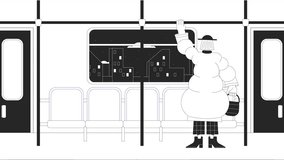 Train passenger bw lo fi animation. Female metro commuter holding pole in subway. Animated 2D monochrome outline character. Chill lofi music 4K video black white background, alpha channel transparency