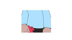 Putting hot water bottle on stomach line 2D close up body part animation. Menstrual cramps flat color cartoon 4K video, alpha channel. Warming abdomen animated body closeup on white background