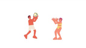 People playing volleyball 2D characters animation. Friends beach day flat cartoon 4K video, transparent alpha channel. Hispanic man throwing ball to asian woman animated people on white background