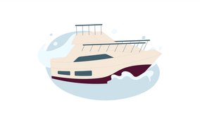 Luxury yacht on water splash sea cartoon animation. Vessel sailing in waves 4K video motion graphic. Ocean splashing around boat. Yacht racing 2D color animated scene isolated on white background