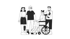 Young people with disabilities bw 2D animation. Diverse group 4K video motion graphic. Social rehab. Disabled adults friendship monochrome outline animated cartoon flat concept, white background