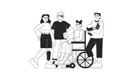 Young people with disabilities bw 2D animation. Diverse group 4K video motion graphic. Social rehab. Disabled adults friendship monochrome outline animated cartoon flat concept, white background - Powered by Shutterstock - Get 15% off with code: PIKWIZARD15