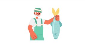 Elderly fisherman holding fish 2D character animation. Active retirement flat cartoon 4K video, transparent alpha channel. Grandfather fisher with trophy fish animated person on white background