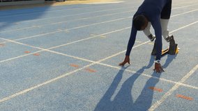 Animation of icons disable biracial athlete running with prosthetics legs on running track. Digital composite, multiple exposure, protection, shopping, sports and competition concept. - Powered by Shutterstock - Get 15% off with code: PIKWIZARD15