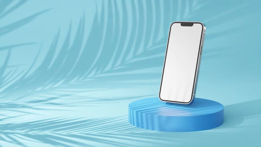 empty iphone on display stand, blue template mockup phone, graphic babyblue background, animated blank, Mock-up for tracking, product still cellphone packshot, oceanblue, advertising ads concept Royalty-Free Stock Footage #1107546821