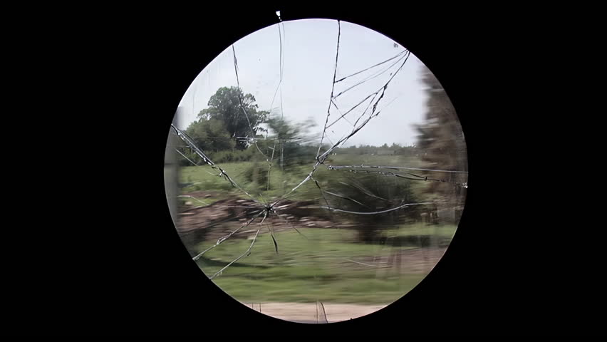 Cracked Round Train Window With Moving Countryside View, Buenos Aires Province, Argentina - Close Up