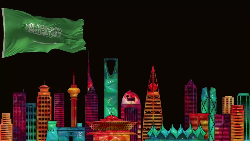 Saudi Arabia Flag With Modern City Night Shot And Fireworks 3D Rendering Royalty-Free Stock Footage #1107552331