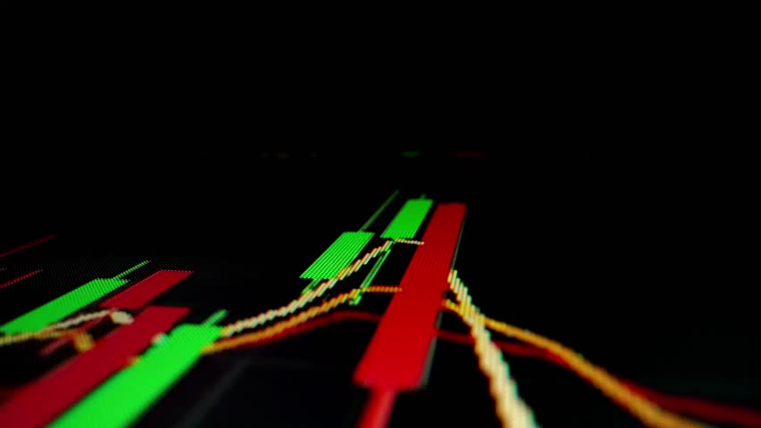 Closeup macro shot movement on LED screen, declining stock market graph economic crisis with falling trend red downturn indicator, and profit loss. Financial crisis lead to market volatility downfall. Royalty-Free Stock Footage #1107553213