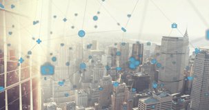 Animation of network of digital icons against aerial view of cityscape. Global networking and business technology concept - Powered by Shutterstock - Get 15% off with code: PIKWIZARD15