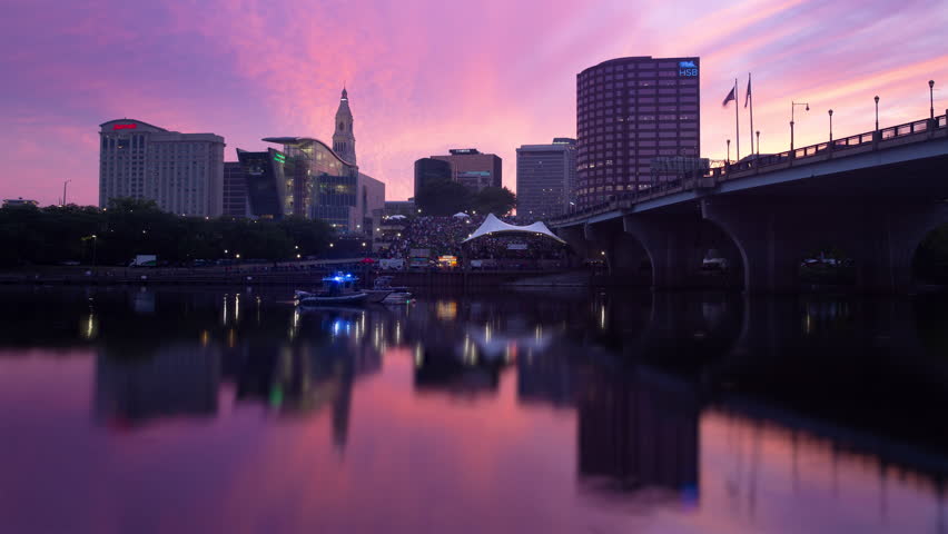 Hartford Connecticut Skyline Vibrant Sunset at Night Timelapse
