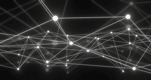Animation of network of connections with glowing nodes over black background. Global connections, computing and data processing concept digitally generated video.