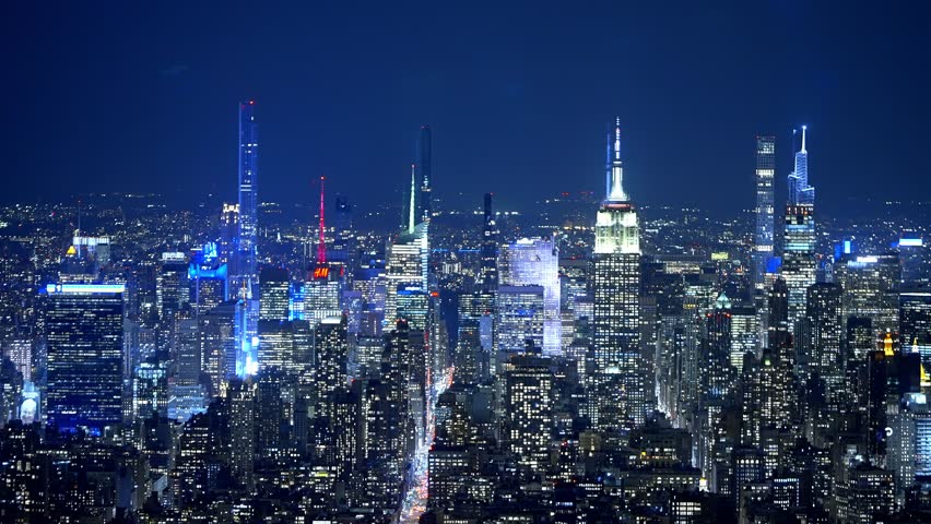 New York City from above - the city lights at night - NEW YORK, UNITED STATES - FEBRUARY 14, 2023 