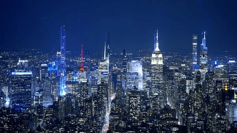 Редакционное стоковое видео: New York City from above - the city lights at night - NEW YORK, UNITED STATES - FEBRUARY 14, 2023 