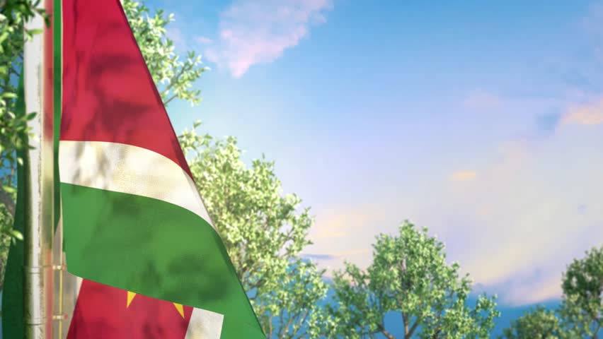Waving flag of Suriname on forest and blue sky bg Royalty-Free Stock Footage #1107559615