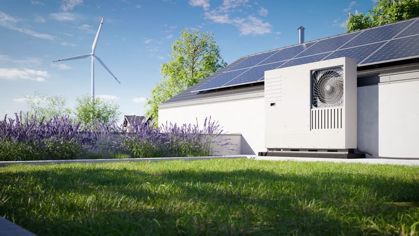A heat pump with photovoltaic panels installed on the roof of a single-family house, along with a green roof covered in grass over the garage, forms an eco-friendly heating and air conditioning