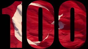100th year of Republic of Turkiye concept background video. Waving Turkish Flag inside the 100 text. 