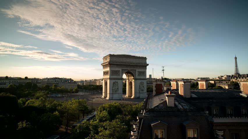 Time Lapse Of The Arc De Triomphe (Triumphal Arch of the Star) In Paris. Sunny summer day. France, Famous monument in Paris, drone shot, aerial view.
 Royalty-Free Stock Footage #1107567841