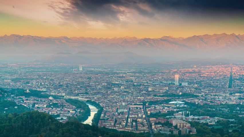 Turin skyline time lapse panoramic view. Torino panoramic view cityscape  alps mountains downtown view itay city turin. Royalty-Free Stock Footage #1107568563