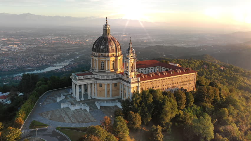 Turin Basilica di Superga aerial skyline view,turin skyline italy city view at sunrise. Royalty-Free Stock Footage #1107568871