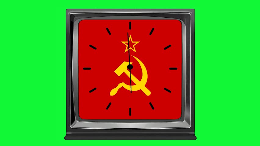 Table clock made in 1970s style with flag of USSR on hourplate with chroma key background. 3d animation in 4k resolution video.