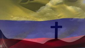 Animation of waving colombia flag over silhouette of a cross on mountain against clouds in the sky. Patriotism, christianity and religion concept - Powered by Shutterstock - Get 15% off with code: PIKWIZARD15