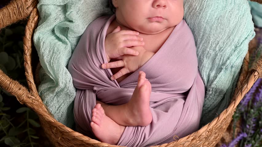 Sleeping newborn beautiful cute baby girl or boy before photosession during first week of life. 4k slow motion raw video. Happy Family concept. Small baby in provence basket with lovanda flowers 