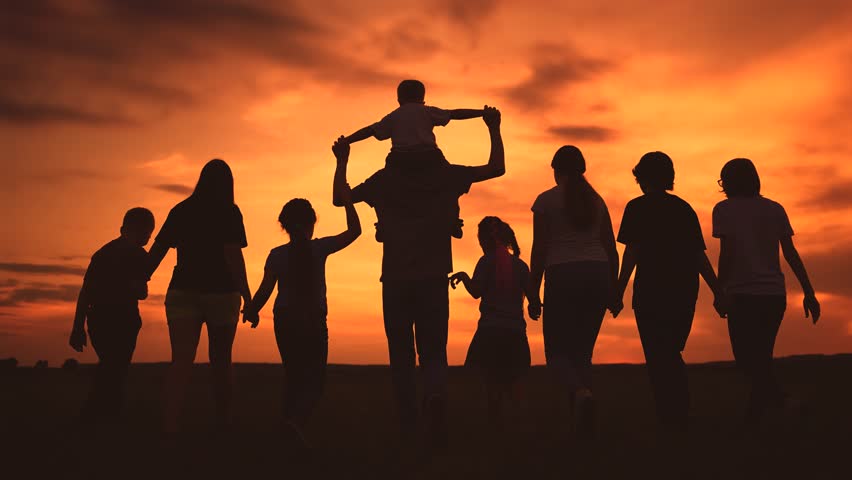 community large family walk in park. a big group of people holding hands walking silhouette on nature sunset in the park. big family kid dream concept. people in the park. large lifestyle family Royalty-Free Stock Footage #1107572949