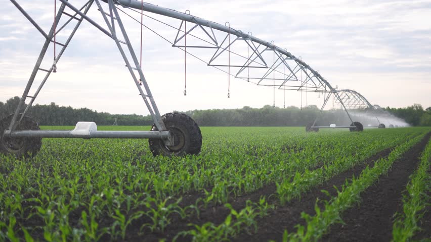 agriculture irrigation. irrigation machinery wheels irrigate green sprouts corn field water drops. agriculture irrigation business concept sunlight. irrigation tractor corn plantation Royalty-Free Stock Footage #1107572977