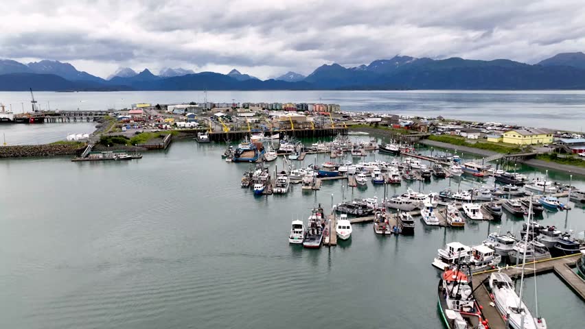 fast aerial homer alaska with mountains in background