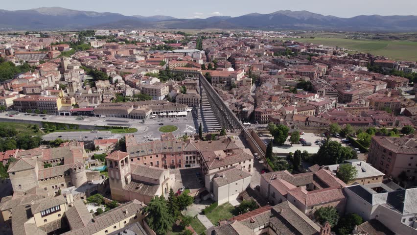Panoramic scene of Aqueduct of Segovia, vast cityscape. Central Spain
