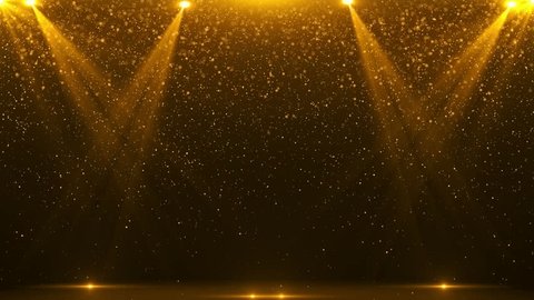 4K 3D Award party stage golden stage glitter animation. stars, lights and particles. Luxury gold light streak. Particle, luxury awards ceremony background, Oscar awards performance. 3D Illustration : vidéo de stock