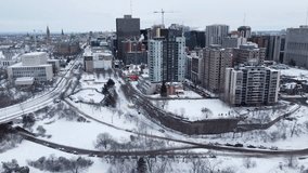 Drone shot of settlement covered in heavy snow in Toronto, Canada