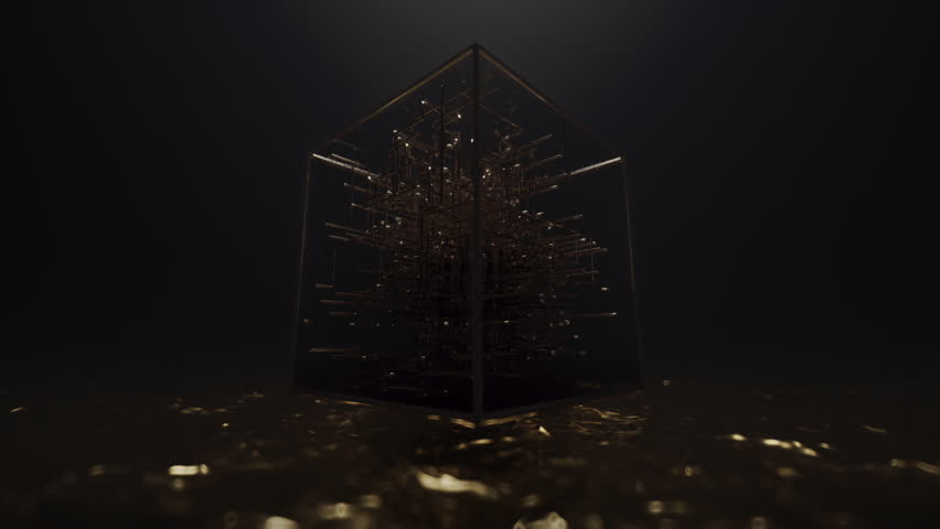 Floating cube on golden water with neon lines inside in the form of a labyrinth. 3D Illustration Royalty-Free Stock Footage #1107581583